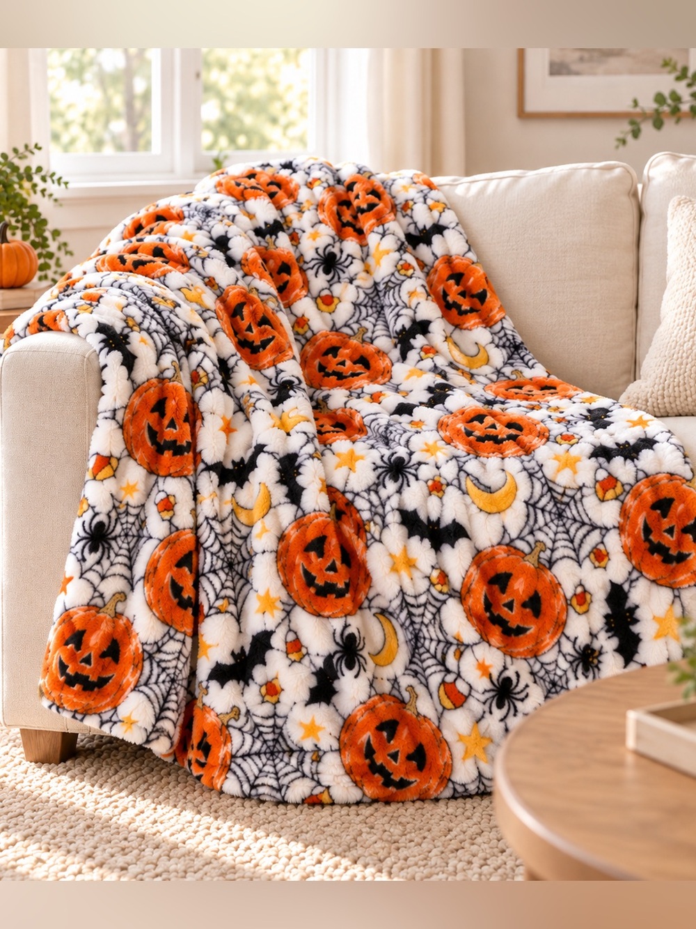 NWT Halloween Jack-O'-Lantern Plush Throw Blanket - Orange/White